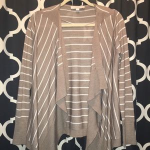 Loft ruffle front tan striped cardigan